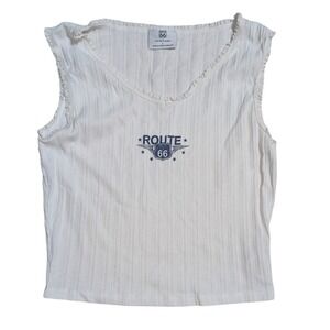 Route 66 White Ribbed Crop Tank Top Fringe Trim Coquette Baby Tee Large